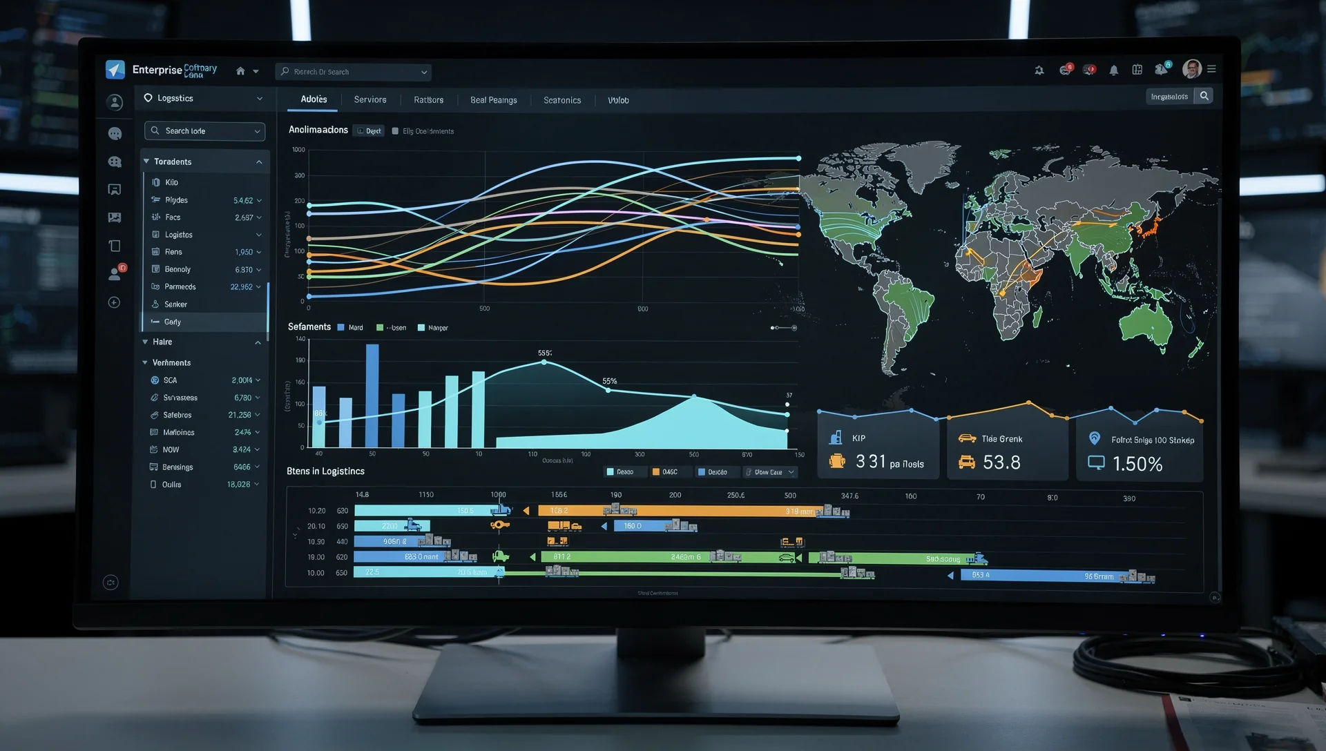 Enterprise logistics dashboard showing real-time analytics, global shipment tracking and performance KPIs