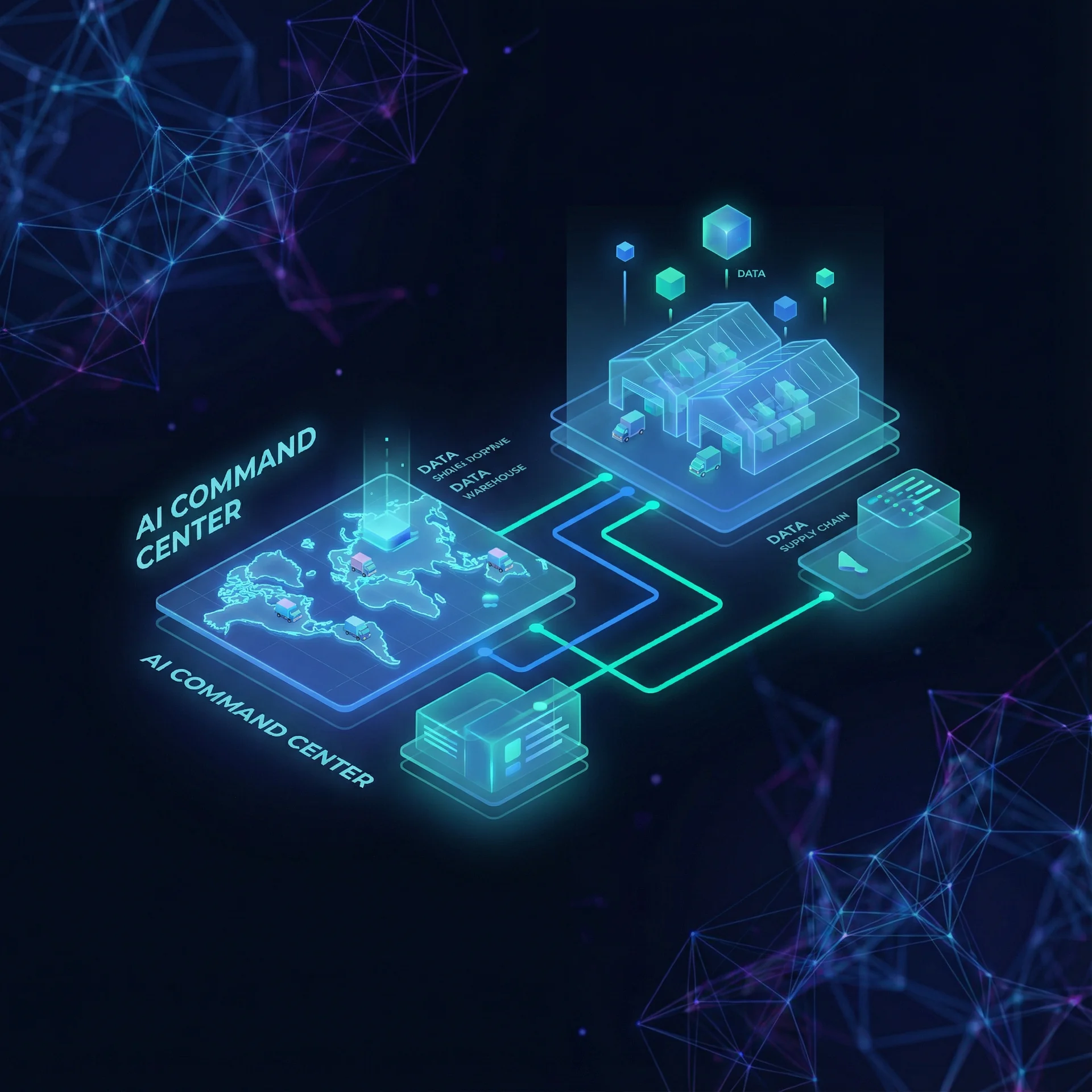 AI Command Center - Isometric visualization of connected logistics ecosystem with data warehouse and supply chain