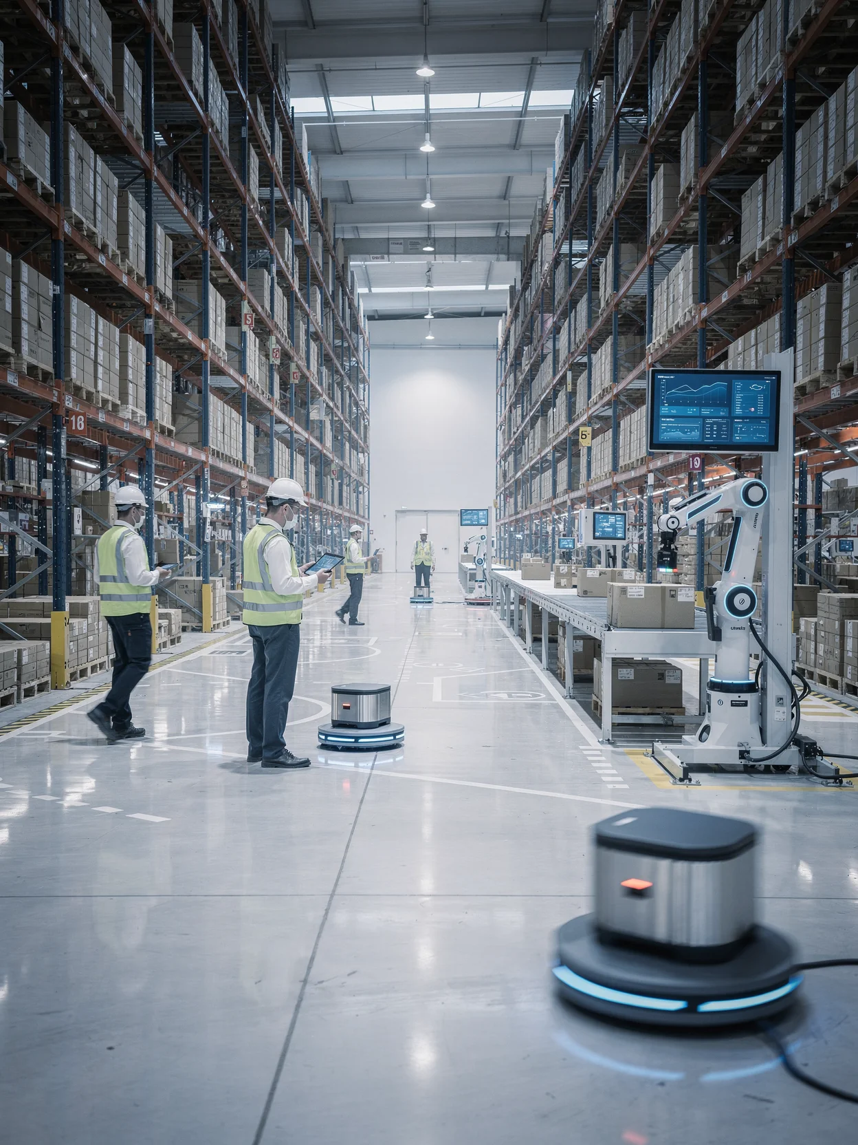 Warehouse Management System - Modern automated warehouse with robots, AGVs and smart inventory tracking